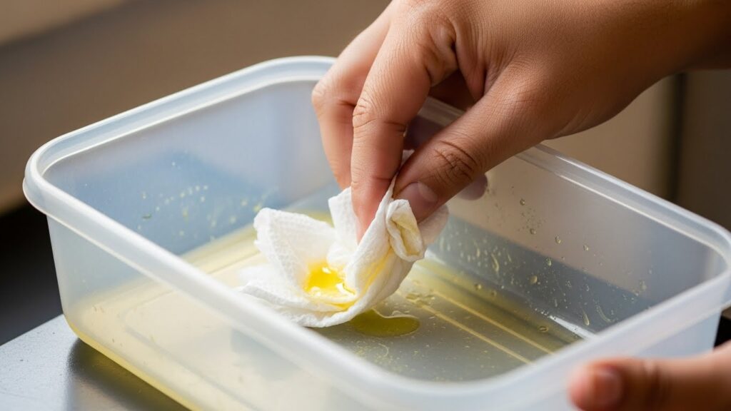 Pessoa limpando pote plástico com guardanapo de papel, removendo resíduo oleoso amarelado.