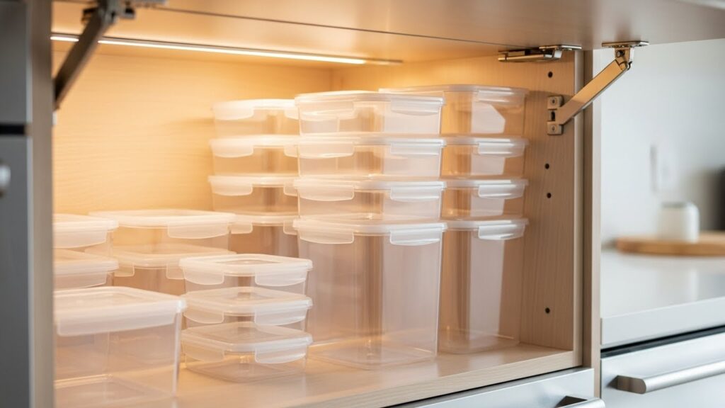 Armário de cozinha com potes plásticos transparentes empilhados e organizados por tamanho.