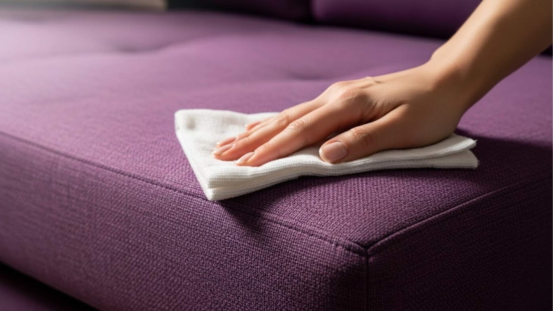 Mão passando pano branco sobre sofá de tecido roxo, em movimento de limpeza.