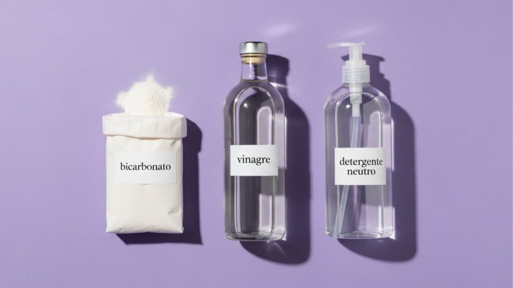 Três produtos de limpeza sobre fundo roxo: saco de bicarbonato com pó derramado, garrafa de vidro com vinagre e frasco com bomba rotulado como detergente neutro.