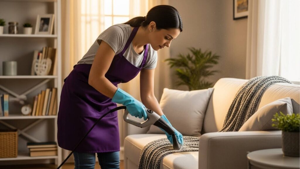 Mulher usando luvas azuis e avental roxo limpa sofá claro com vaporizador em sala iluminada, decorada com estante, planta e manta listrada sobre o sofá.
