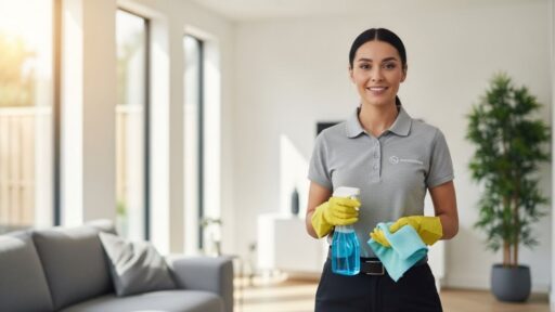 Mulher com camiseta cinza e luvas amarelas segura borrifador com líquido azul e pano, em uma sala iluminada e bem decorada, com sofá cinza e planta ao fundo.