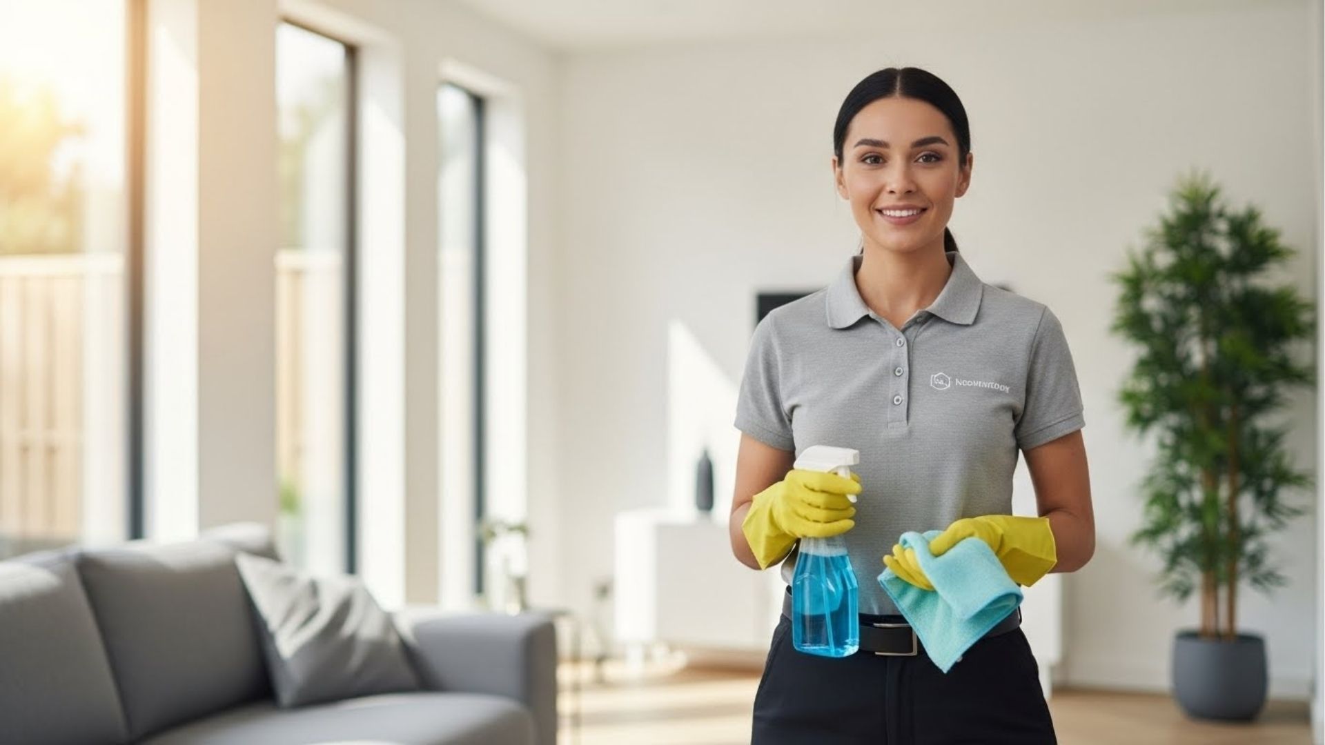 Mulher com camiseta cinza e luvas amarelas segura borrifador com líquido azul e pano, em uma sala iluminada e bem decorada, com sofá cinza e planta ao fundo.