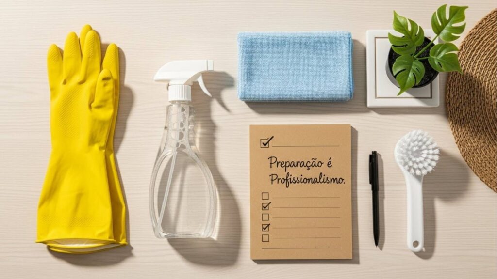 Itens de limpeza organizados sobre uma mesa clara: luvas amarelas, borrifador, pano azul, escova branca, caneta preta, vaso pequeno com planta e bloco com a frase "Preparação é Profissionalismo."