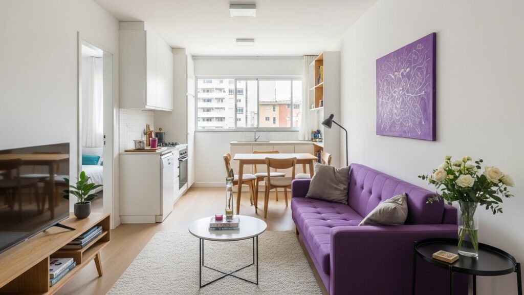 Sala integrada a cozinha e sala de jantar, com sofá roxo, quadro abstrato roxo na parede e decoração com flores e móveis em madeira clara.