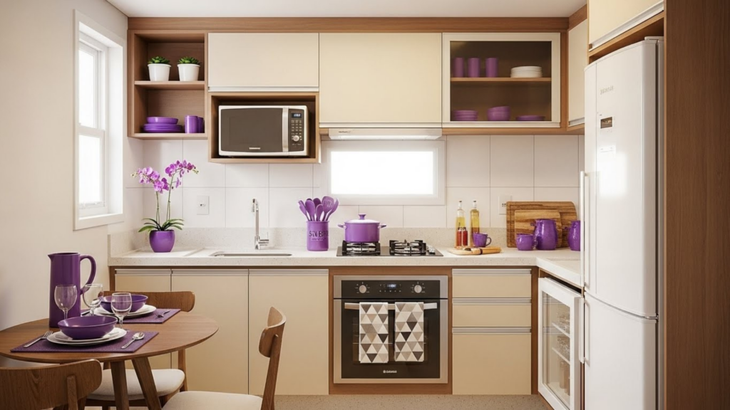 Cozinha compacta com utensílios e objetos decorativos roxos, mesa posta para duas pessoas, armários claros e iluminação natural.
