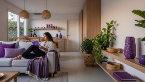 Mulher sentada em sofá branco com manta roxa, lendo um livro roxo em uma sala integrada com sala de jantar, decorada com vasos, almofadas e plantas.