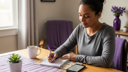 Mulher jovem, focada e tranquila, sentada à mesa de madeira escrevendo em uma agenda física com uma caneta roxa. Ao lado, há um smartphone e uma xícara branca de café, em um ambiente doméstico bem iluminado e organizado, representando o planejamento diário produtivo.