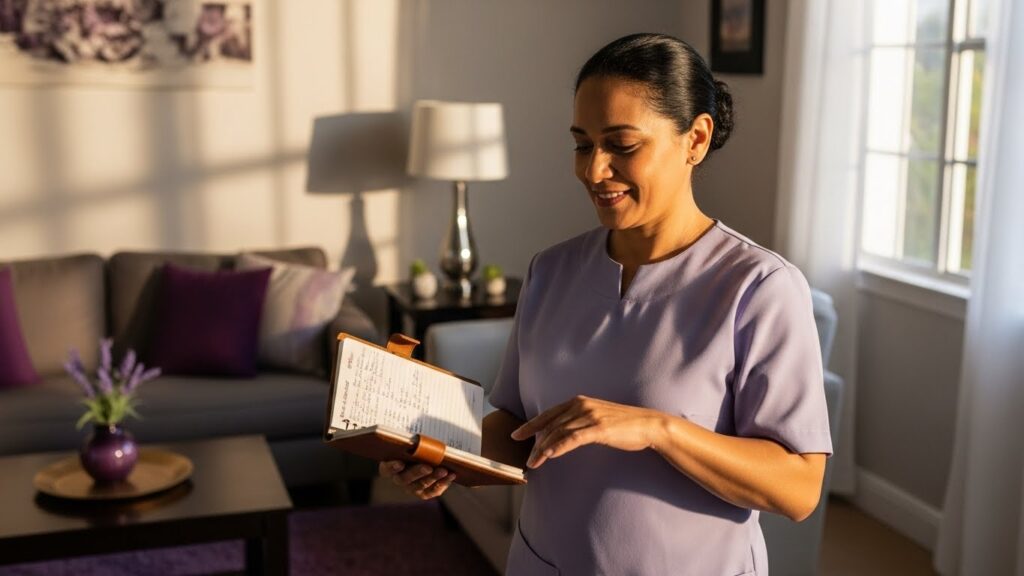 Mulher adulta vestindo uniforme profissional lilás (tipo jaleco), em pé em uma sala de estar iluminada pelo sol da tarde. Ela sorri enquanto consulta uma pequena agenda de couro marrom, transmitindo satisfação e controle sobre sua rotina de trabalho e compromissos.