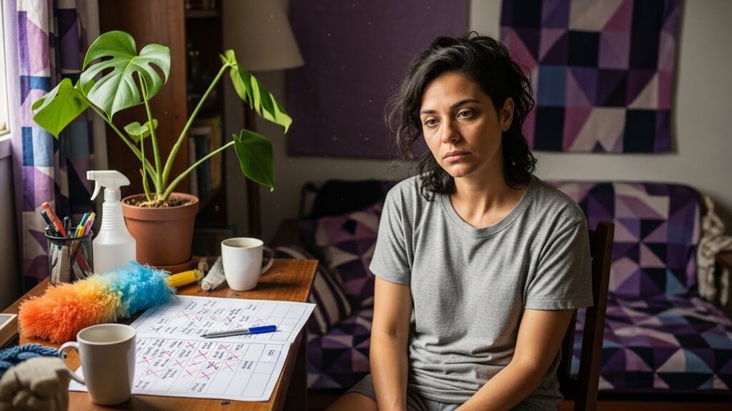 Mulher com expressão de exaustão e estresse, sentada à frente de uma folha de papel com uma lista de tarefas confusa e cheia de riscos. Materiais de limpeza, como espanador e borrifador, estão sobre a mesa, ilustrando a sobrecarga mental e a dificuldade em organizar a rotina doméstica.