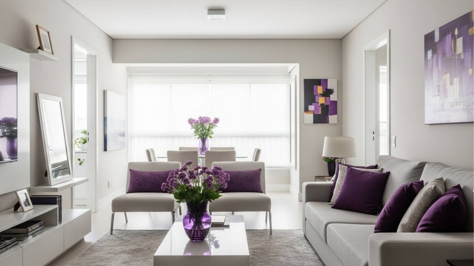 Sala de estar e jantar integradas com decoração em branco e roxo, incluindo almofadas, vasos com flores e quadros abstratos nas paredes.