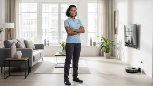 Mulher uniformizada com braços cruzados em pé no centro de uma sala limpa e iluminada, com sofá, plantas e robô aspirador ao fundo.