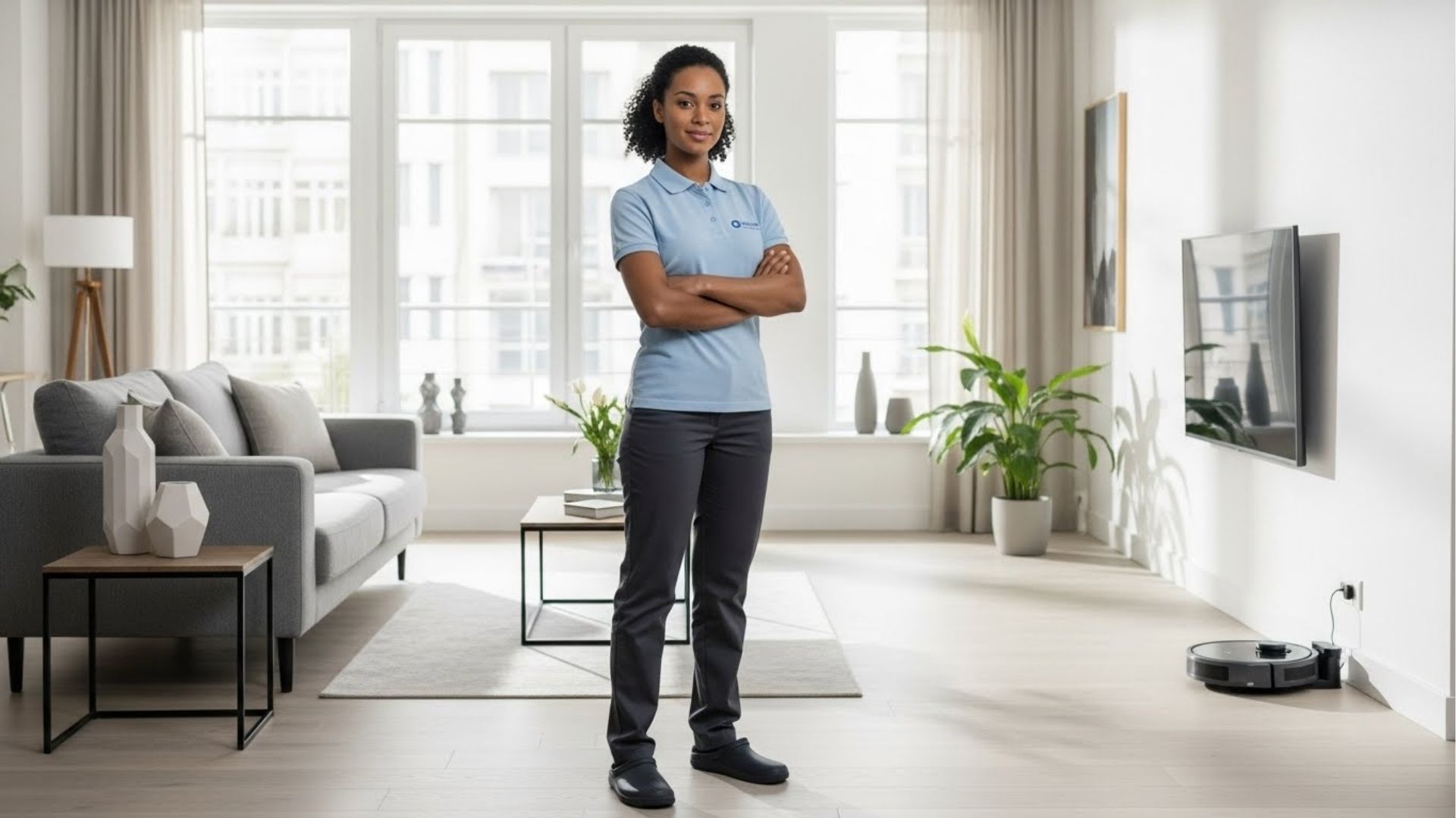 Mulher uniformizada com braços cruzados em pé no centro de uma sala limpa e iluminada, com sofá, plantas e robô aspirador ao fundo.