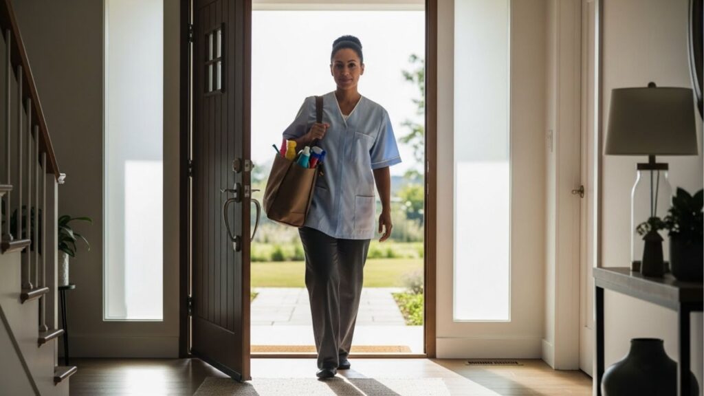 Profissional de limpeza entrando em uma casa com bolsa cheia de produtos de limpeza, usando uniforme claro e sendo iluminada pela luz da porta aberta.