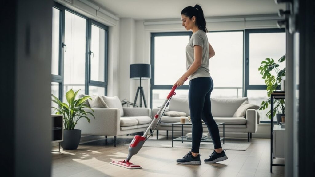 Mulher limpando o chão da sala com um esfregão spray, em um ambiente moderno com sofá, plantas e grandes janelas de vidro.