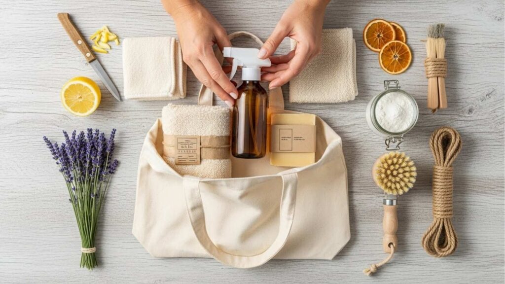 Itens de limpeza natural organizados sobre uma mesa: garrafa spray, sabão, panos, escova, lavanda, limão, bicarbonato e corda, ao lado de uma bolsa de tecido.