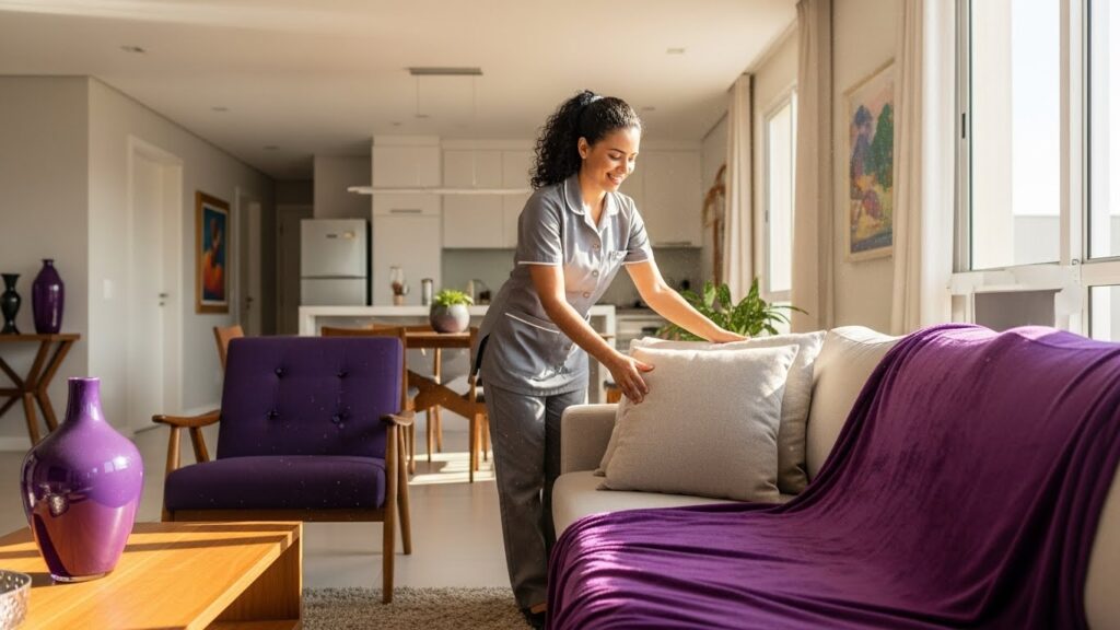 Profissional de limpeza uniformizada e sorridente, ajeitando cuidadosamente uma almofada bege em um sofá com manta roxa. O ambiente é uma sala de estar sofisticada e iluminada pelo sol, transmitindo a ideia de capricho e finalização impecável do serviço.