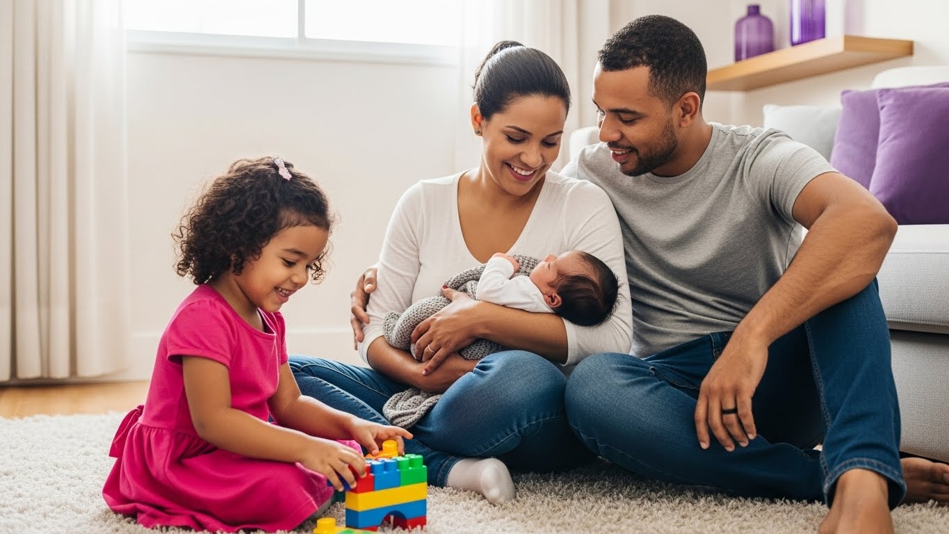 Família reunida no tapete da sala de estar. A mãe sorri segurando um recém-nascido no colo, o pai olha carinhosamente para o bebê, e a filha mais velha brinca com blocos de montar coloridos em primeiro plano, retratando um momento de lazer e união familiar.