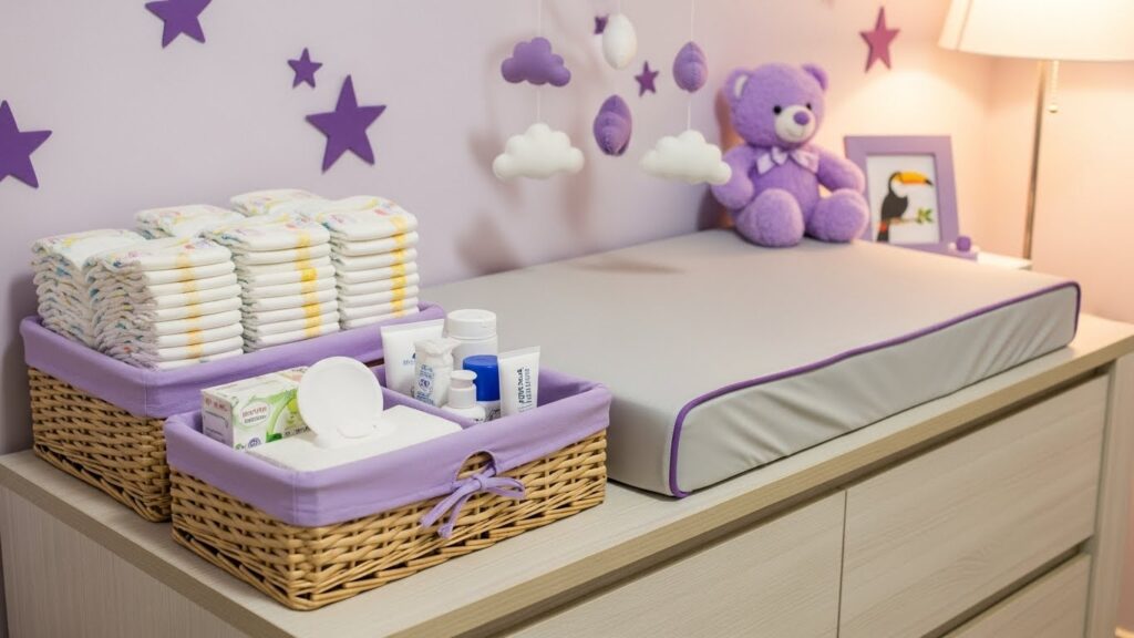 Cantinho de troca de fraldas organizado sobre uma cômoda de madeira clara. A cena mostra um trocador acolchoado cinza e roxo ao lado de cestos de vime contendo pilhas de fraldas e produtos de higiene, com uma decoração de parede de nuvens e estrelas roxas ao fundo.