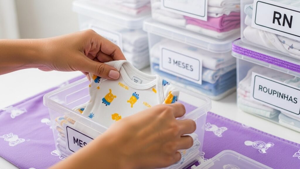 Mãos organizando o enxoval do bebê em caixas plásticas transparentes, devidamente etiquetadas com "RN", "3 MESES" e "ROUPINHAS". A pessoa segura um body infantil branco com estampas amarelas, demonstrando um método prático de organização doméstica.