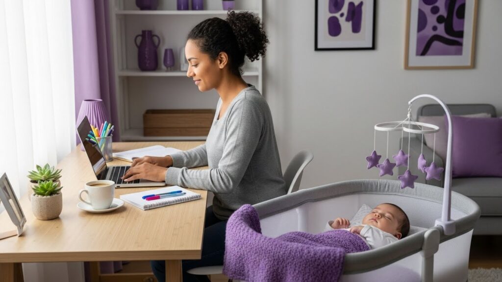 Mãe trabalhando em home office, digitando em um notebook em sua mesa, enquanto seu bebê dorme tranquilamente em um berço ao lado. O ambiente é suave com decoração lilás, ilustrando a rotina de conciliação entre maternidade e trabalho remoto.