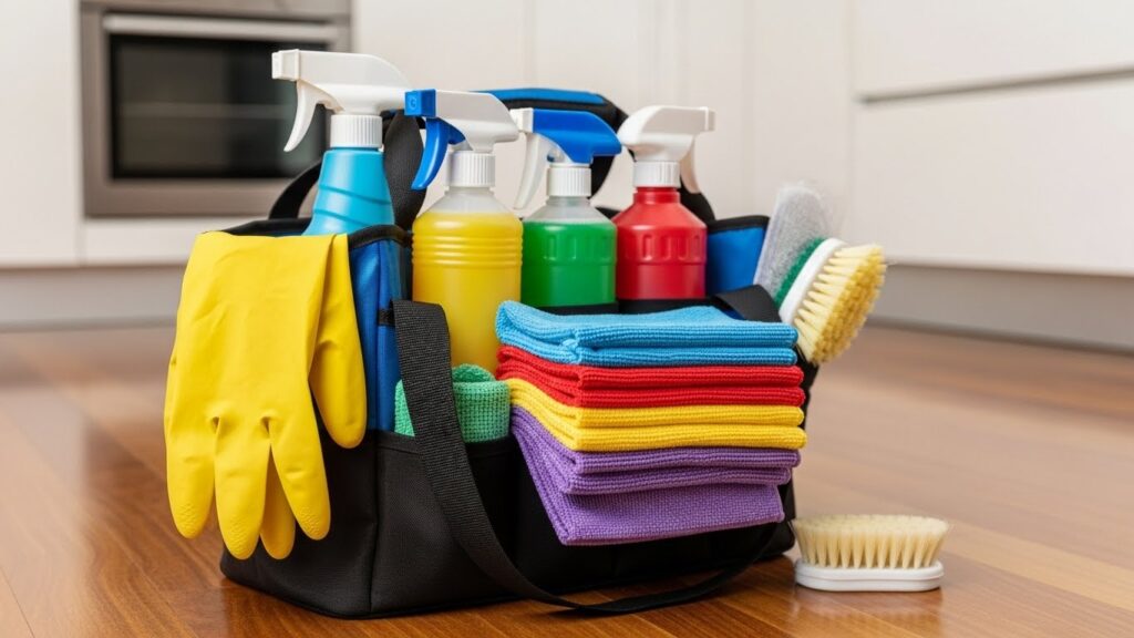 esta de limpeza (caddy) preta sobre piso de madeira, contendo itens essenciais de faxina organizados: luvas de borracha amarelas, panos de microfibra dobrados em cores variadas, quatro borrifadores e escovas de limpeza.