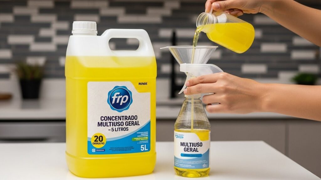 Close das mãos de uma pessoa utilizando um funil para transferir produto de limpeza amarelo de um galão de 5 litros de concentrado multiuso para um borrifador menor, ilustrando a diluição e economia de produtos.