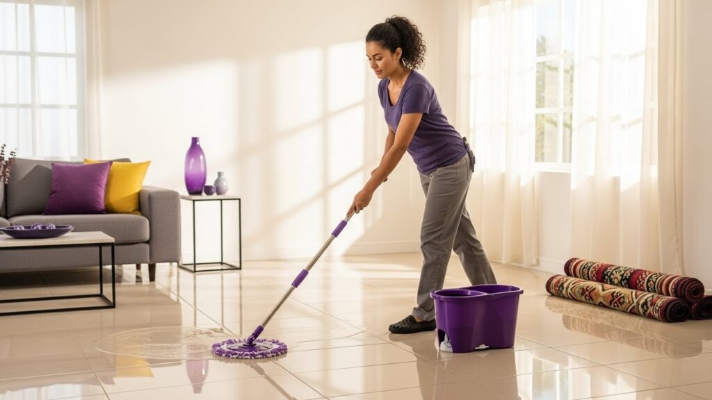 Mulher usando roupas confortáveis passando esfregão (mop) no piso de cerâmica brilhante de uma sala ampla. Ao lado dela, há um balde roxo com espremedor, e tapetes enrolados no canto para facilitar a limpeza do chão.