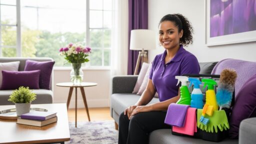 Mulher sorridente vestindo camisa polo roxa sentada no sofá da sala, ao lado de uma cesta organizadora de limpeza preta contendo sprays coloridos, panos e espanador. O ambiente é iluminado e decorado com flores e almofadas roxas.