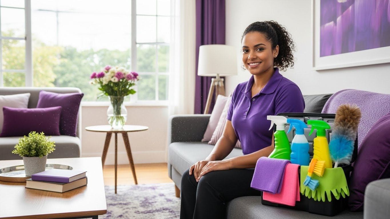Mulher sorridente vestindo camisa polo roxa sentada no sofá da sala, ao lado de uma cesta organizadora de limpeza preta contendo sprays coloridos, panos e espanador. O ambiente é iluminado e decorado com flores e almofadas roxas.