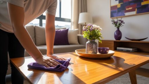 Close-up das mãos de uma pessoa limpando uma mesa de centro de madeira com um pano de microfibra roxo. A luz do sol incide sobre a superfície, destacando a remoção de poeira. Ao fundo, um sofá e um vaso com flores roxas compõem o ambiente da sala.
