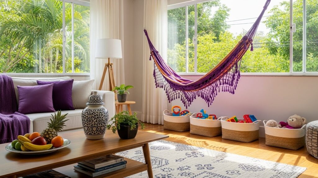 Sala de estar ampla e organizada com uma rede de descanso roxa e laranja pendurada próxima a grandes janelas com vista para árvores. No chão de madeira, três cestos de corda branca contêm brinquedos coloridos arrumados. Uma mesa de centro exibe uma fruteira e vasos decorativos.