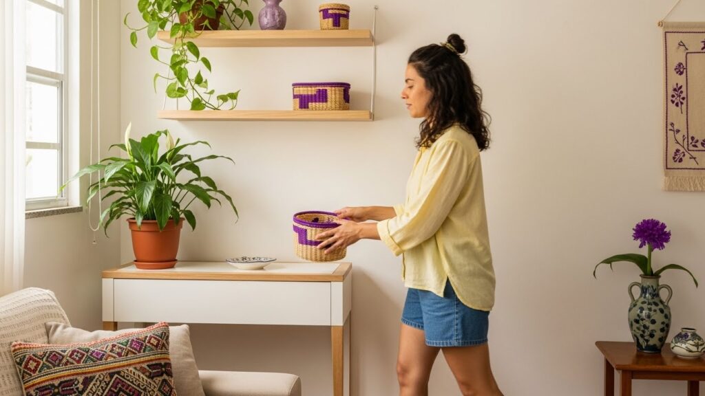 Mulher em perfil, vestindo camisa amarela e shorts jeans, carregando um cesto organizador de palha com detalhes roxos. Ela caminha por uma sala minimalista com paredes brancas, prateleiras de madeira com plantas e cestos decorativos, sugerindo uma rotina de organização doméstica.