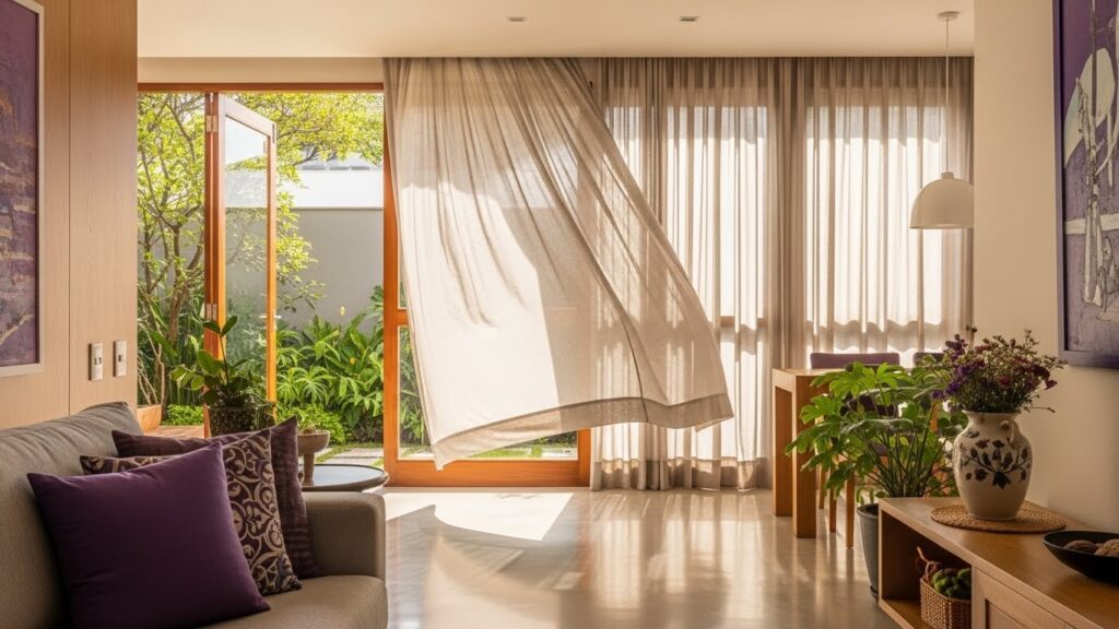 Sala de estar moderna e iluminada com portas de vidro de madeira abertas para um jardim verde. Cortinas de linho bege voam com o vento, destacando a ventilação natural e o ambiente fresco. O chão reflete a luz do sol, e há um sofá cinza com almofadas roxas à esquerda.