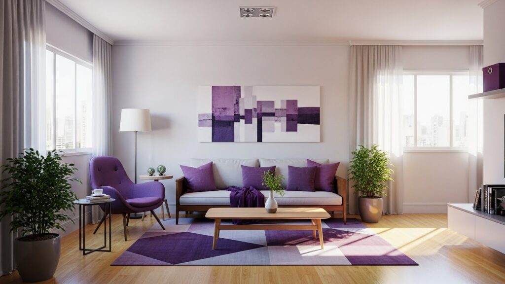 Sala de estar iluminada com decoração em tons de roxo, incluindo almofadas, poltrona, manta, tapete geométrico e quadro abstrato na parede; plantas em vasos completam o ambiente.