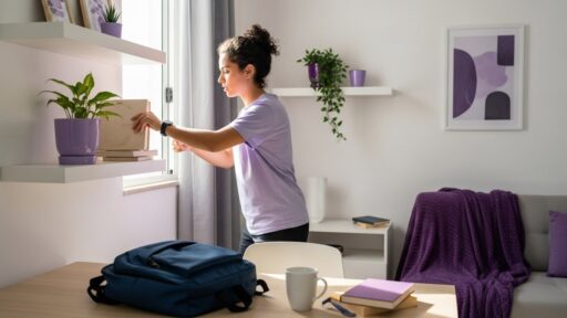 Jovem organizando livros em uma estante branca próxima à janela, em um ambiente decorado com tons de roxo, plantas e objetos de estudo sobre a mesa.