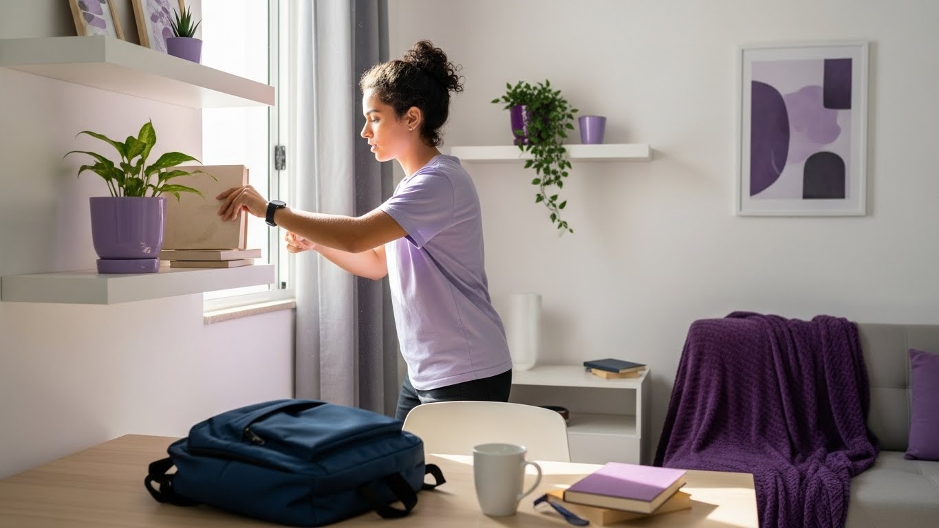 Jovem organizando livros em uma estante branca próxima à janela, em um ambiente decorado com tons de roxo, plantas e objetos de estudo sobre a mesa.