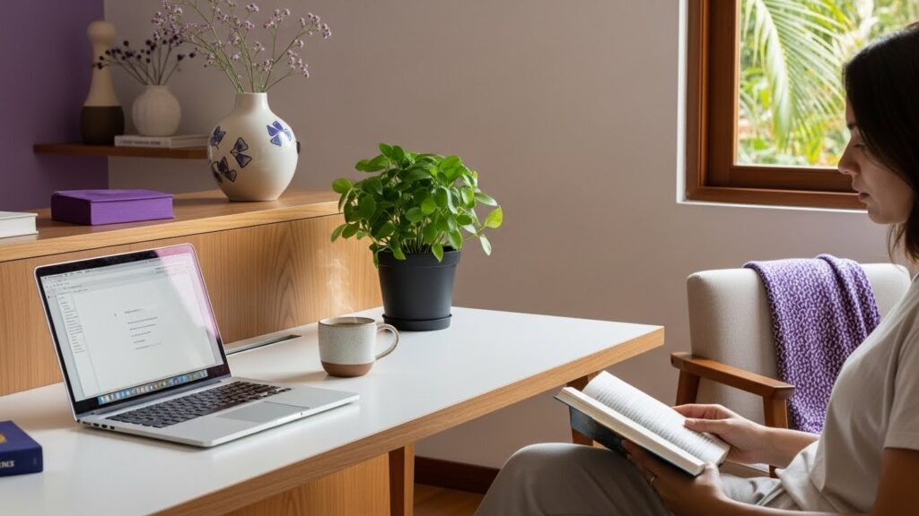 Mulher sentada lendo um livro ao lado de uma escrivaninha com notebook aberto, caneca e planta em vaso preto; ambiente decorado com detalhes em roxo e vista de uma janela.