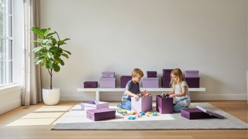 Menino e menina sentados em tapete claro brincando com blocos coloridos, cercados por caixas organizadoras roxas em uma sala iluminada.