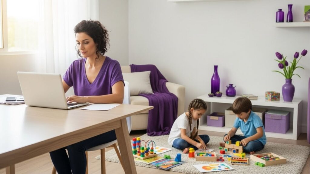 Mulher usando notebook em uma mesa enquanto duas crianças brincam com jogos educativos no chão; ambiente decorado com detalhes em roxo.