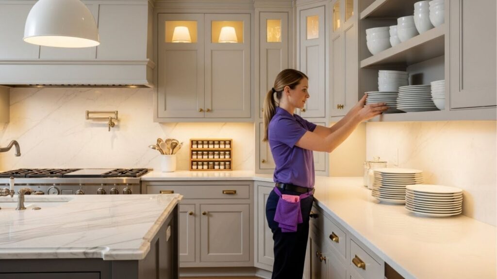 Mulher organizando pratos em um armário de cozinha sofisticada com armários cinza, bancada branca e iluminação quente.