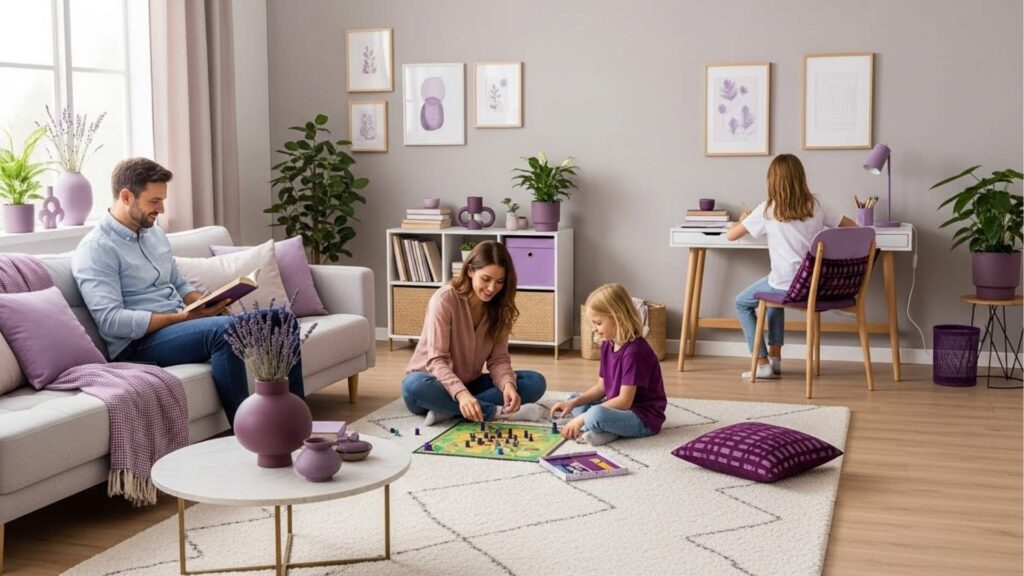 Sala com decoração em tons de roxo onde um homem lê no sofá, uma mulher e uma menina jogam no chão, e outra criança escreve em uma escrivaninha ao fundo.