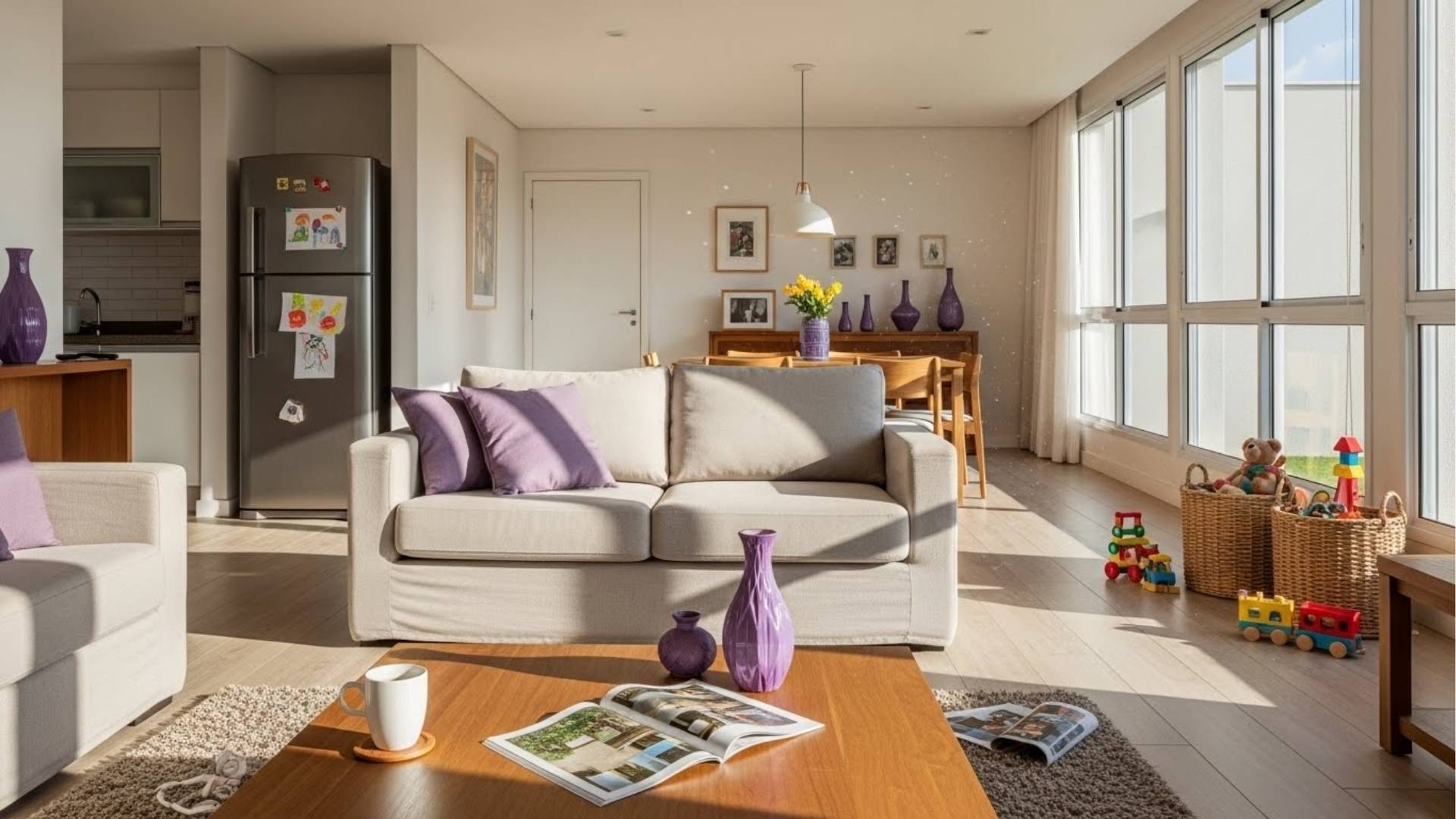 Sala de estar ampla com iluminação natural, sofá bege com almofadas roxas, mesa de centro arrumada com revista e xícara, e cestos de vime com brinquedos organizados no canto perto da janela.