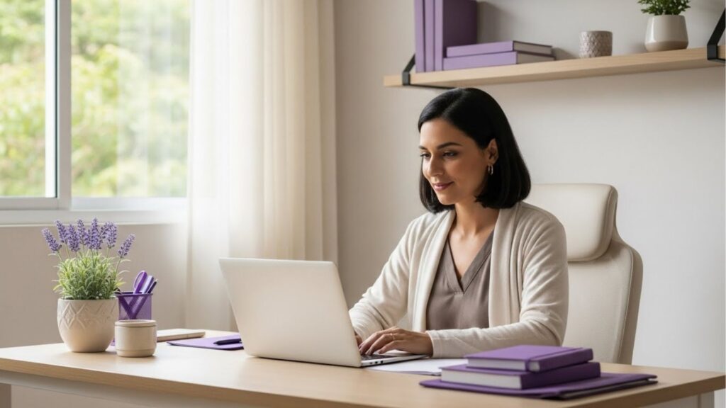 Mulher trabalhando em um home office organizado e iluminado, digitando em um laptop sobre uma mesa de madeira clara com cadernos roxos, vaso de lavanda e prateleiras decoradas ao fundo.