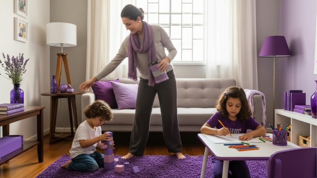 Mãe sorridente em pé segurando um item de organização, observando dois filhos brincando em uma sala de estar limpa com decoração em tons de roxo e lilás; o menino empilha blocos no tapete e a menina desenha em uma mesa infantil.