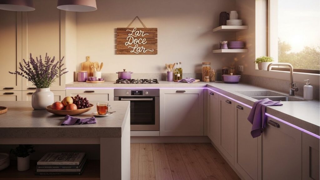 Cozinha planejada moderna e impecavelmente organizada com iluminação suave do pôr do sol. O ambiente possui armários brancos, detalhes decorativos em roxo, uma placa de madeira escrito "Lar Doce Lar" e uma ilha central com uma cesta de frutas frescas.