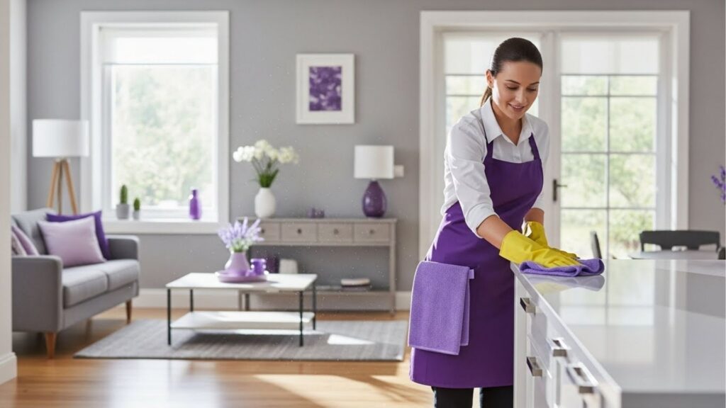 Mulher sorridente vestindo avental roxo e luvas de borracha amarelas limpando uma bancada branca com um pano de microfibra. O ambiente é uma sala de estar moderna e iluminada, com decoração em tons de cinza e detalhes em lavanda.