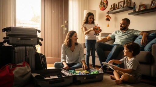 Família com duas crianças em uma sala arrumando malas; a mãe está sentada no chão ao lado de uma mala aberta, a filha mostra um enfeite, o pai e o filho estão no sofá.
