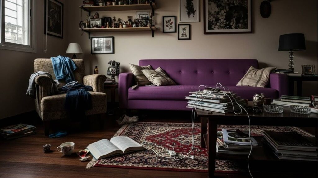 Sala desorganizada com sofá roxo, poltrona com roupas jogadas, livros e cabos espalhados pela mesa e chão, e decoração com quadros e objetos em prateleiras.