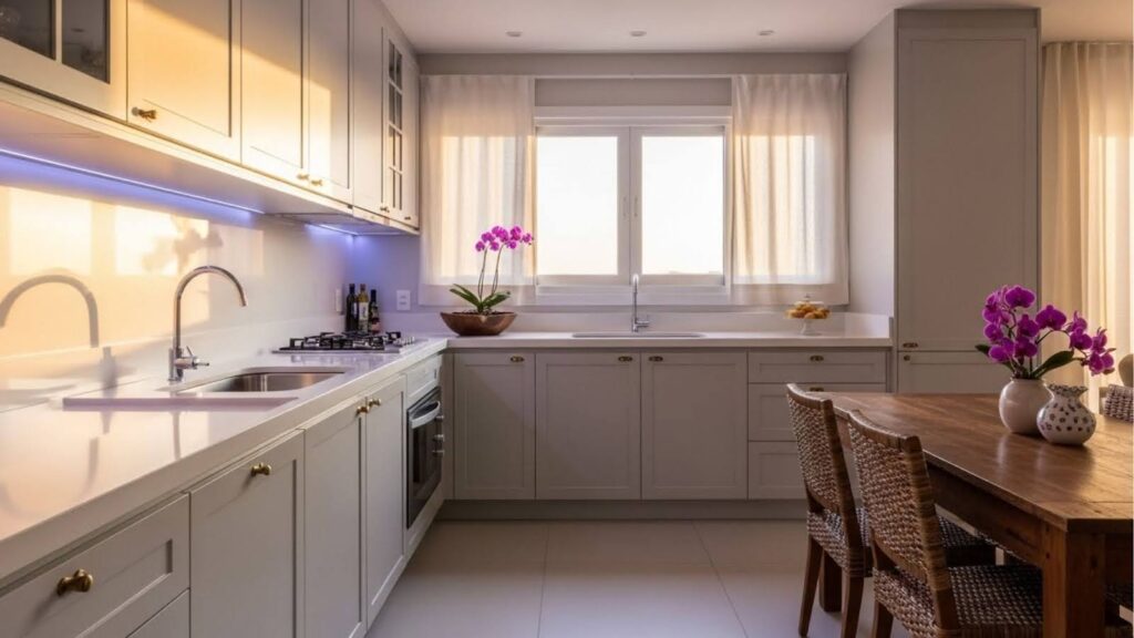 Cozinha moderna e organizada com armários claros, bancadas brancas, mesa de madeira e vasos com orquídeas roxas; luz natural entra pelas janelas com cortinas leves.
